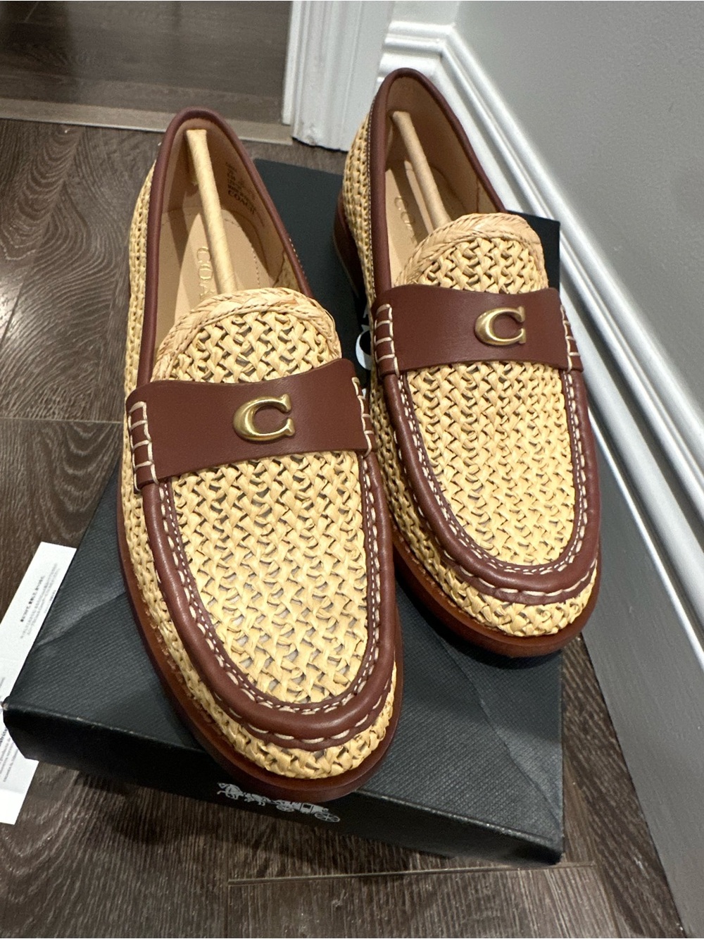 Coach Woman’s  Brown Leather-Trim Woven Loafers with Natural Straw